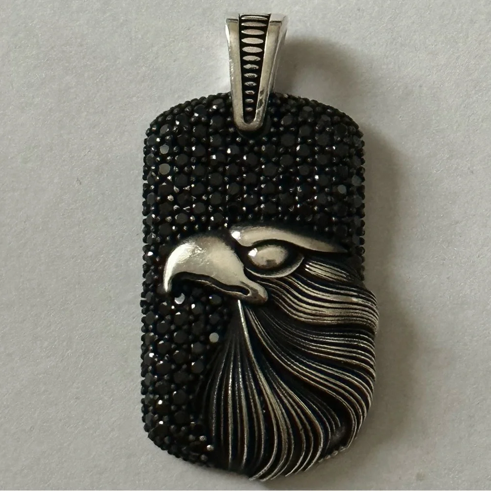 925 Silver eagle rectangle pendant black cubic zirconia cz stones unisex